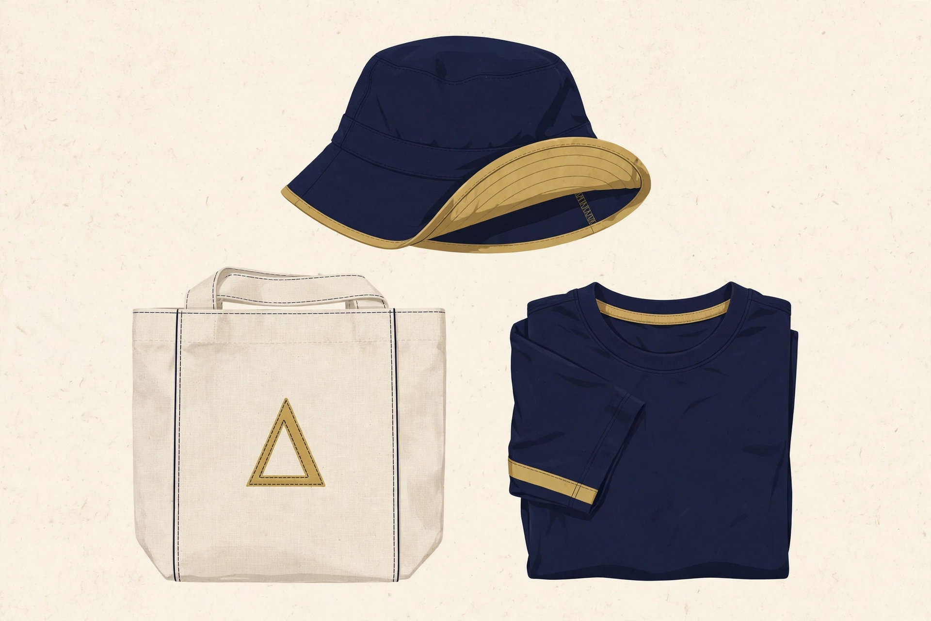 Illustration of a navy and gold reversible bucket hat, a canvas tote bag with a stitched letter, and a folded workout t-shirt