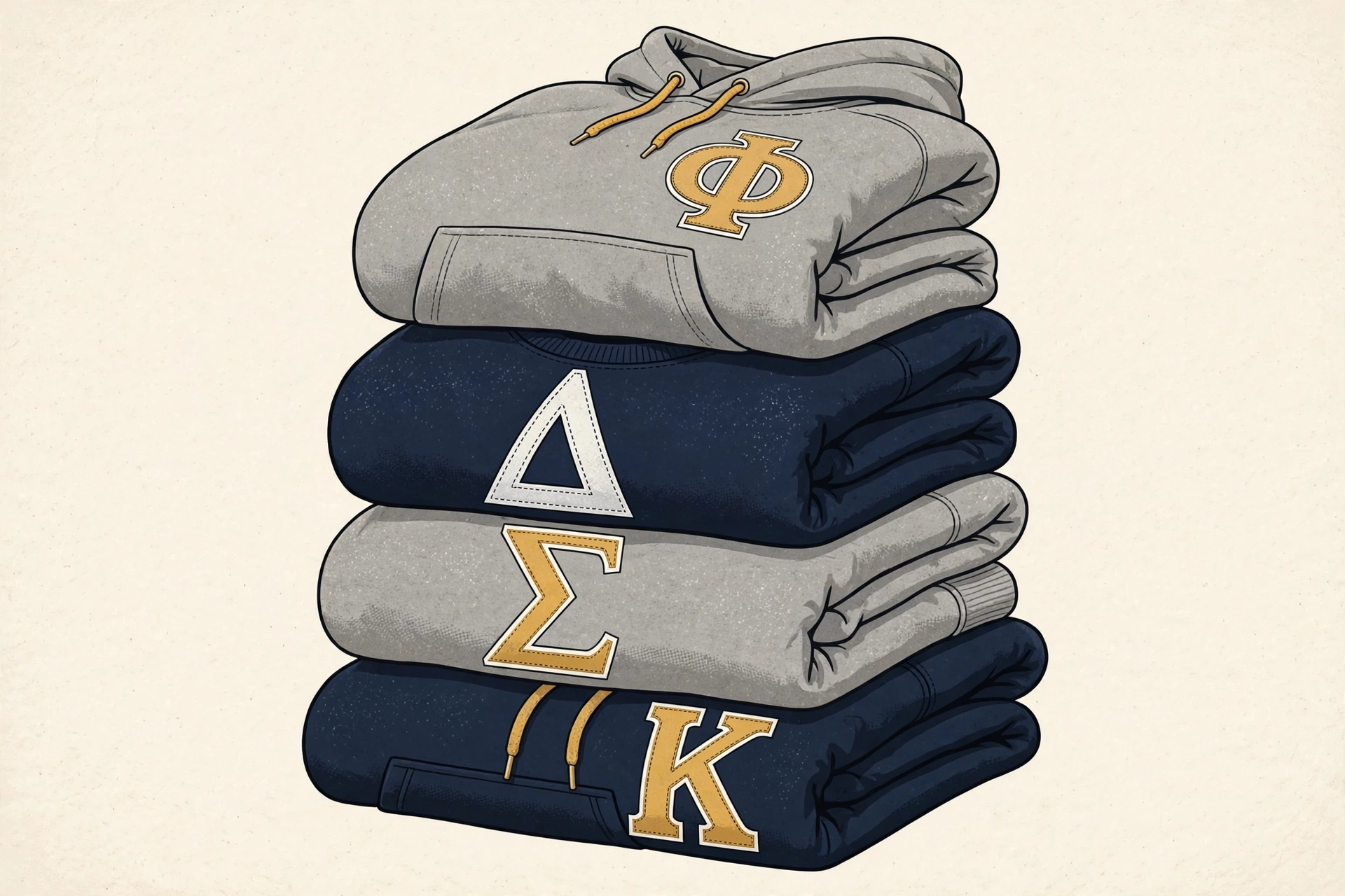 Illustration of a folded stack of hoodies and sweatshirts with stitched Greek letters in gold, white and navy