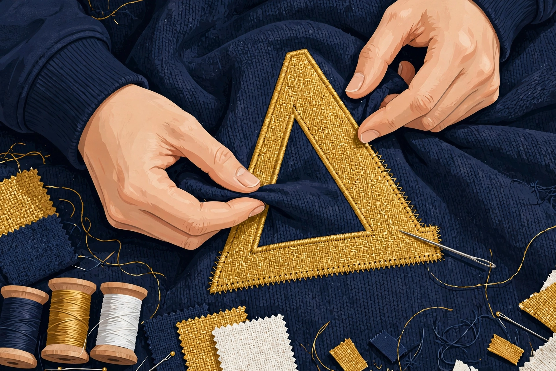 Illustration of hands stitching a gold fabric Greek letter onto a navy sweatshirt, with spools of thread and fabric swatches